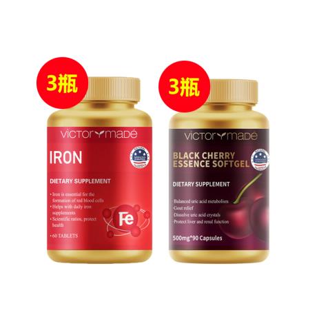 维萃美育血红铁片*3+维萃美黑樱桃精华*3【补气血降尿酸套组】